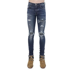 Amiri Men's MX1 Leather Patch Skinny Jeans 38 Blue 35 Inseam Distressed NWT